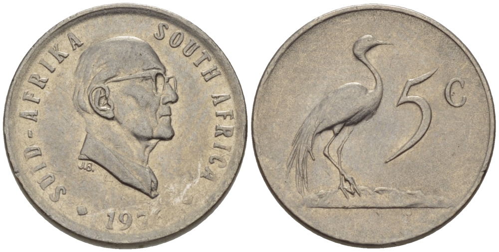 ЮАР 5 ЦЕНТОВ 1976 ПРЕЗИДЕНТ ЯКОБУС ЙОХАННЕС ФУШЕ, РАЙСКИЙ ЖУРАВЛЬ KM 93 никель 66-323