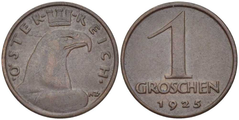 АВСТРИЯ 1 ГРОШ 1925 ДОВОЕННАЯ ДЕСЯТИЧНАЯ ЧЕКАНКА KM 2836 бронза 201-151