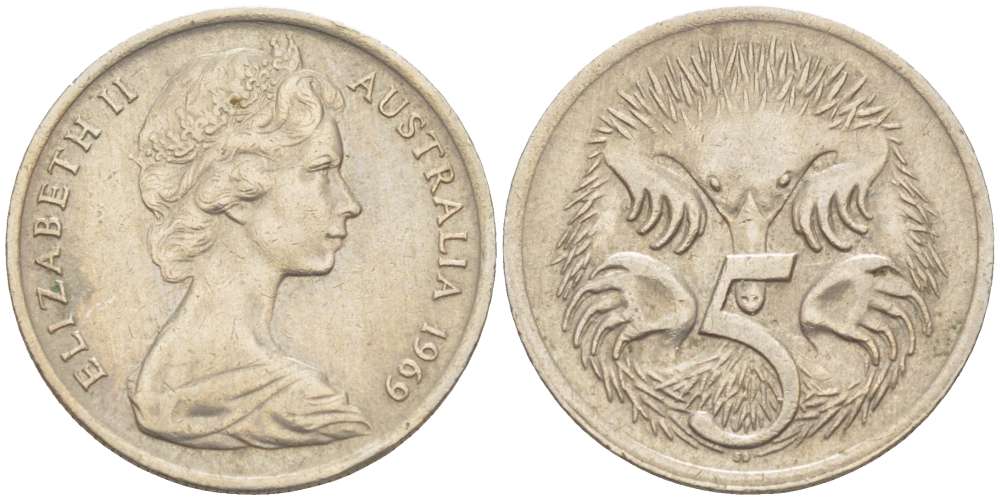 АВСТРАЛИЯ 5 ЦЕНТОВ 1969 ЕЛИЗАВЕТА II (1952-) МОЛОДОЙ ПОРТРЕТ, ЕХИДНА KM 64 медно-никель 4516-651