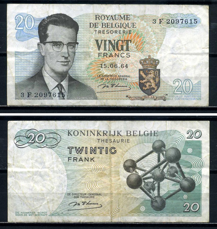 Бельгия 20 франков 1964 Бодуэн I, атомиум, d Haeze Pick 138 (1) бумага 8601-5-4-2