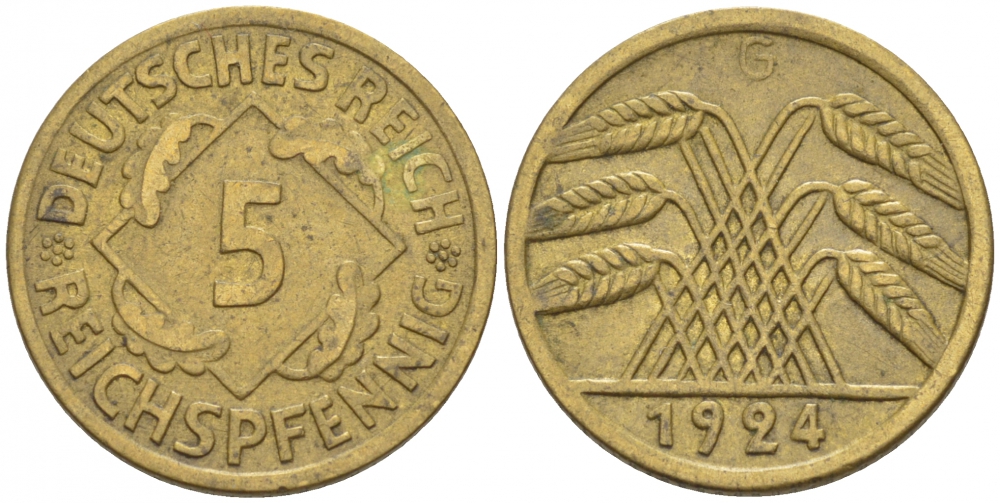 ГЕРМАНИЯ 5 РЕЙХСПФЕННИГОВ 1924 G, KM 39, J. 316 алюминиевая бронза 110-237