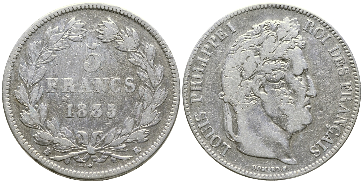 Франция 5 франков 1835 K, Луи Филипп I (1830-1848) KM 749.7 серебро 1066-6-25