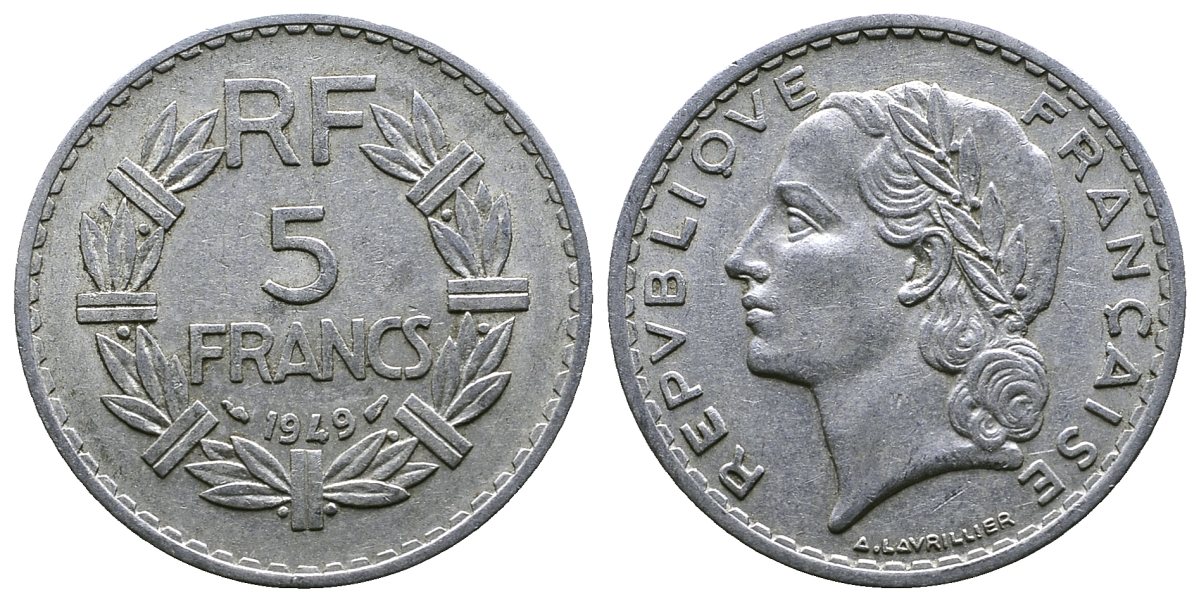 Франция 5 франков 1949 тип Лаврийе KM 888b.1, LE FRANC 339.17 алюминий 4364-4331