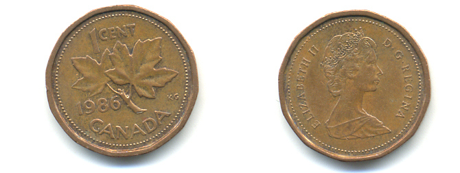 Канада 1 цент 1986 Елизавета II (1952-2022), кленовый лист KM 132 бронза 177-1418