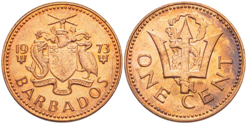 Барбадос 1 цент 1973 сломанный трезубец Британии KM 10 бронза 99-1029