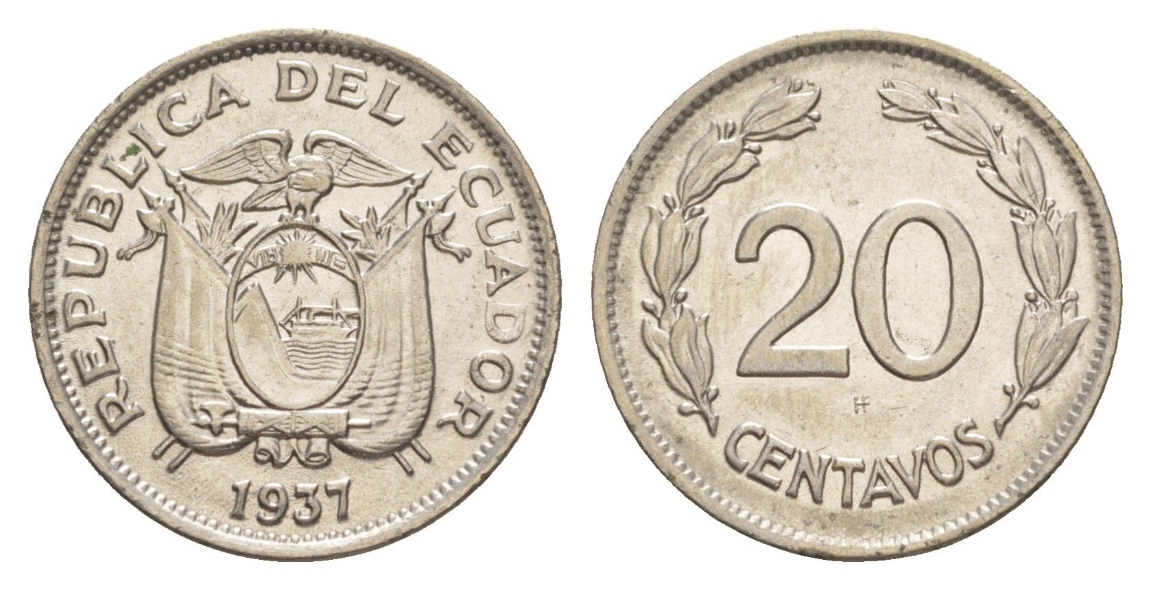 Эквадор 20 сентаво 1937 KM 77.1 никель UNC 4640-1167