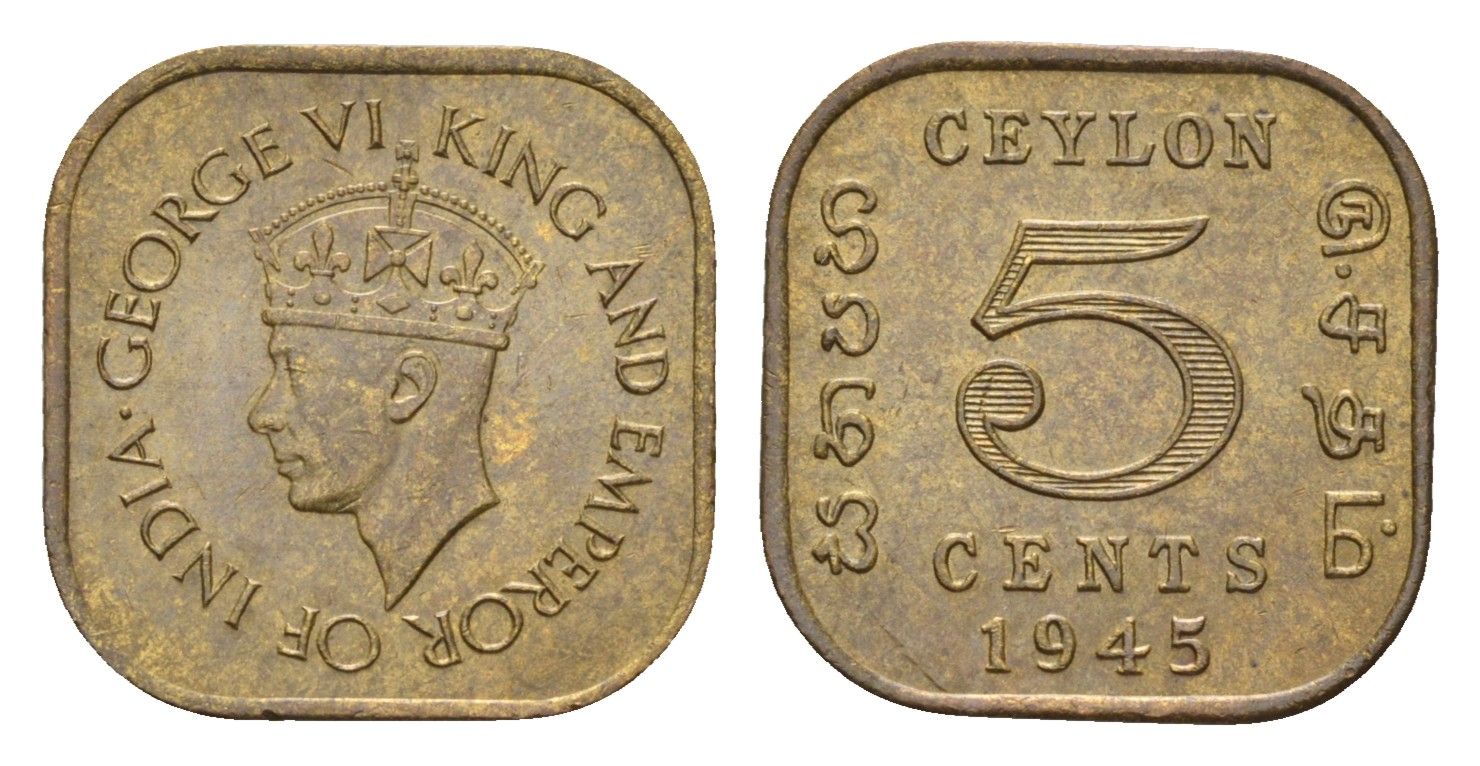 Цейлон 5 центов 1945 Георг VI (1936-1952) KM 113.2 никель латунь UNC 4516-421