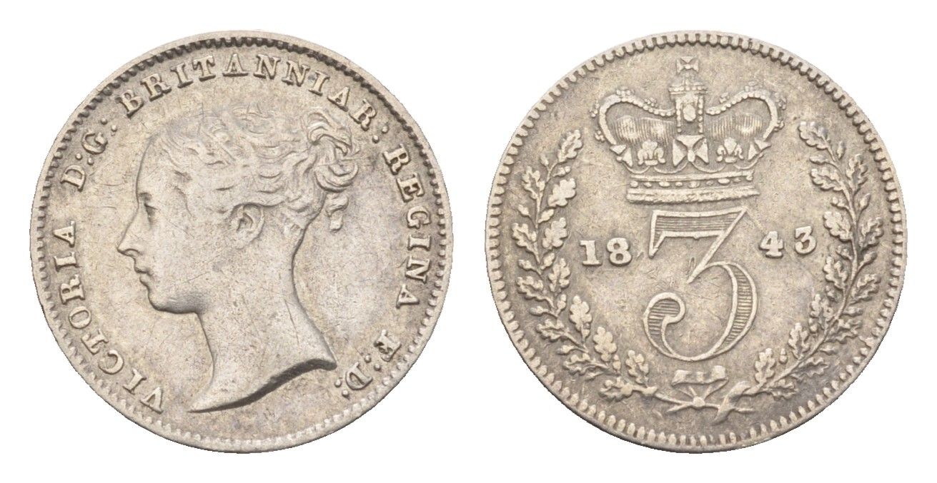 Великобритания 3 пенса 1843 Виктория (1837-1901) KM 730, Spink 3914 серебро 603-1533