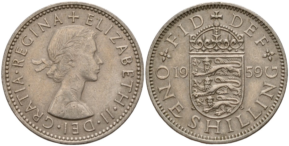 Великобритания 1 шиллинг 1959 Елизавета II (1952-2022), Английский герб KM 904, Spink 4147 медно-никель 202-855