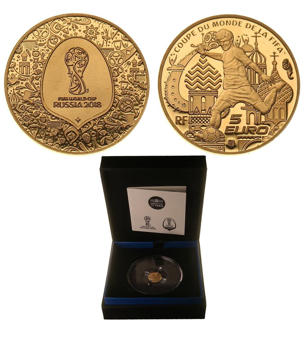 ФРАНЦИЯ 5 ЕВРО 2018 ЧЕМПИОНАТ МИРА ПО ФУТБОЛУ В РОССИИ, оригинальная коробка, сертификат KM NEW золото PROOF 3-4-5-41