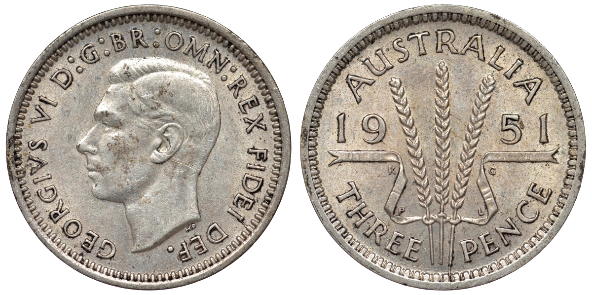 Австралия 3 пенса 1951 PL, Георг VI (1937-1952) KM 44 серебро 71-152
