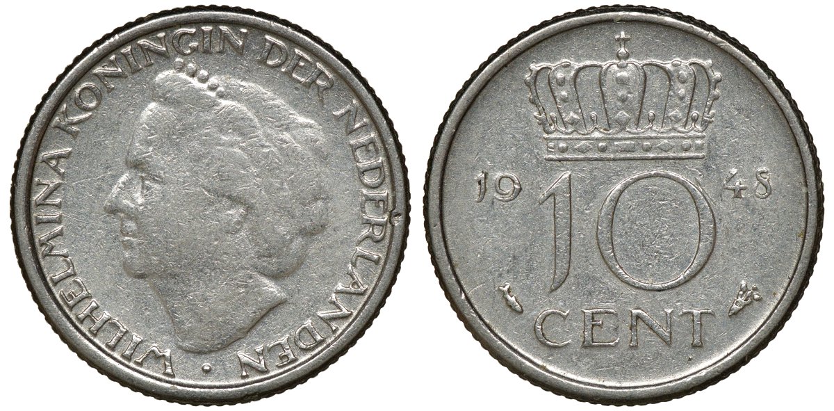 НИДЕРЛАНДЫ 10 ЦЕНТОВ 1948 ВИЛЬГЕЛЬМИНА KM 100 медно-никель 72-1124