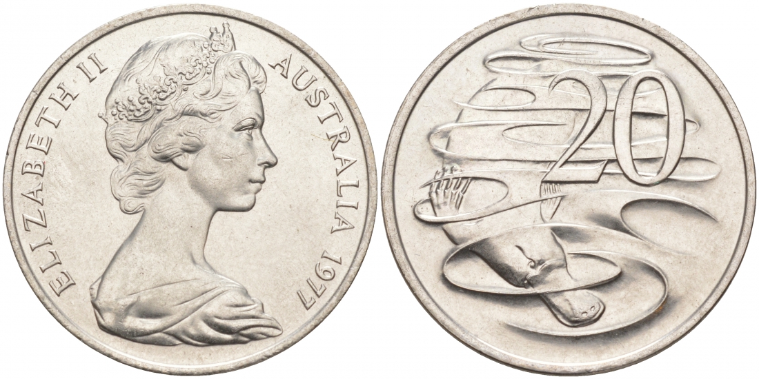 АВСТРАЛИЯ 20 ЦЕНТОВ 1977 ЕЛИЗАВЕТА II, МОЛОДОЙ ПОРТРЕТ, УТКОНОС KM 66 медно-никель UNC 3855-523
