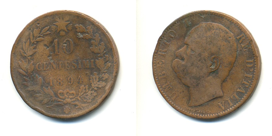 Италия 10 чентезимо 1894 B/I, Умберто I (1878-1900) KM 27.1 медь 80-1146