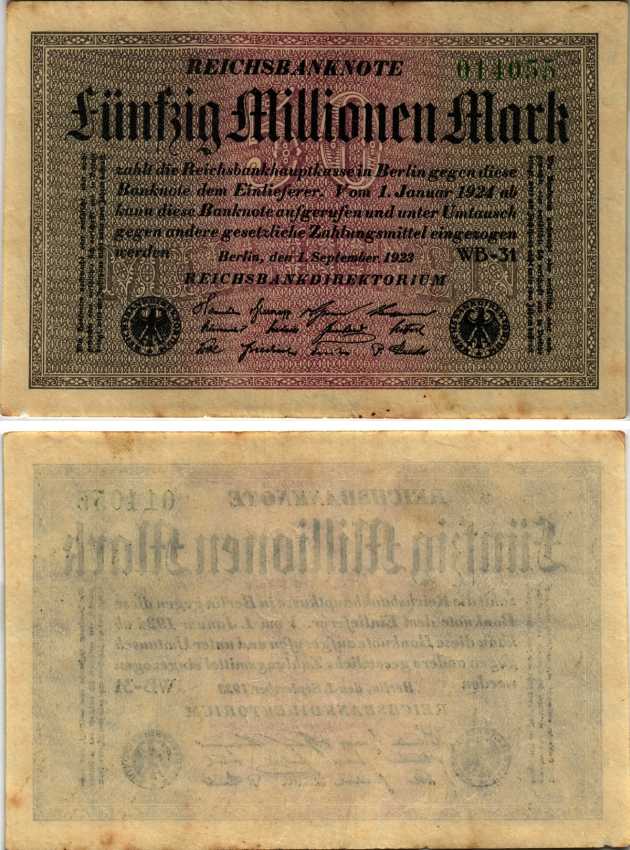 ГЕРМАНИЯ 50000000 МАРОК 1923 1 СЕНТЯБРЯ 1923, ВОДЯНОЙ ЗНАК G/D В ЗВЁЗДАХ Е, БУМАГА БЕЛАЯ, СЕРИЯ WB Pick 109b, Rosenberg 108e бумага 444-149-1-1