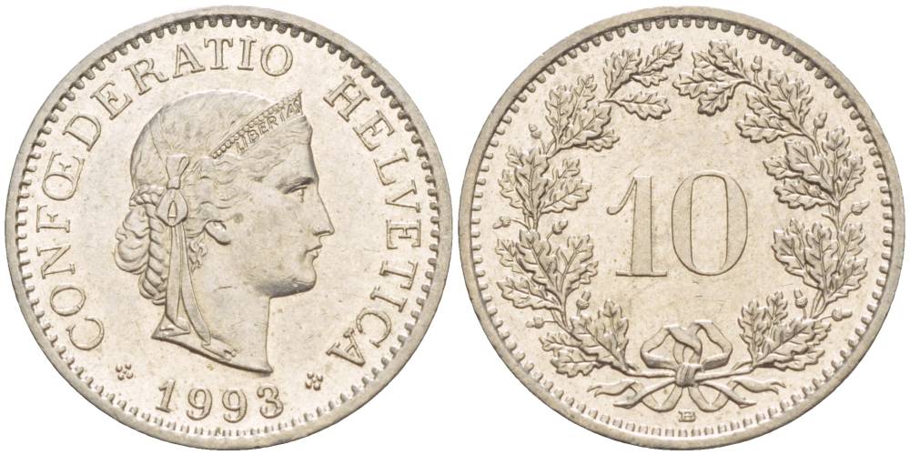 ШВЕЙЦАРИЯ 10 РАППЕНОВ 1993 В KM 27 медно-никель 4529-755