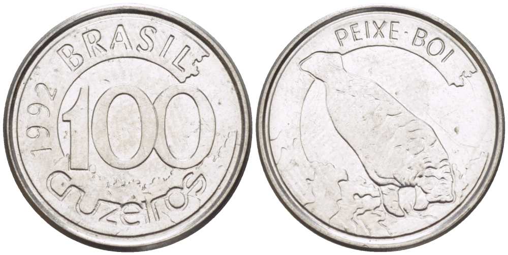 БРАЗИЛИЯ 100 КРУЗЕЙРО 1992 РЕФОРМА 1990-1993, ЛАМАНТИН KM 623 нержавеющая сталь 4392-436