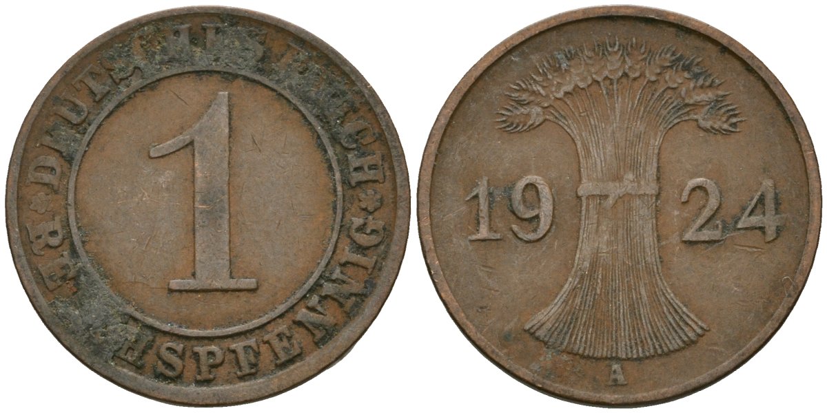 Германия 1 рейхспфенниг 1924 A KM 37, J. 313 бронза 4189-1047