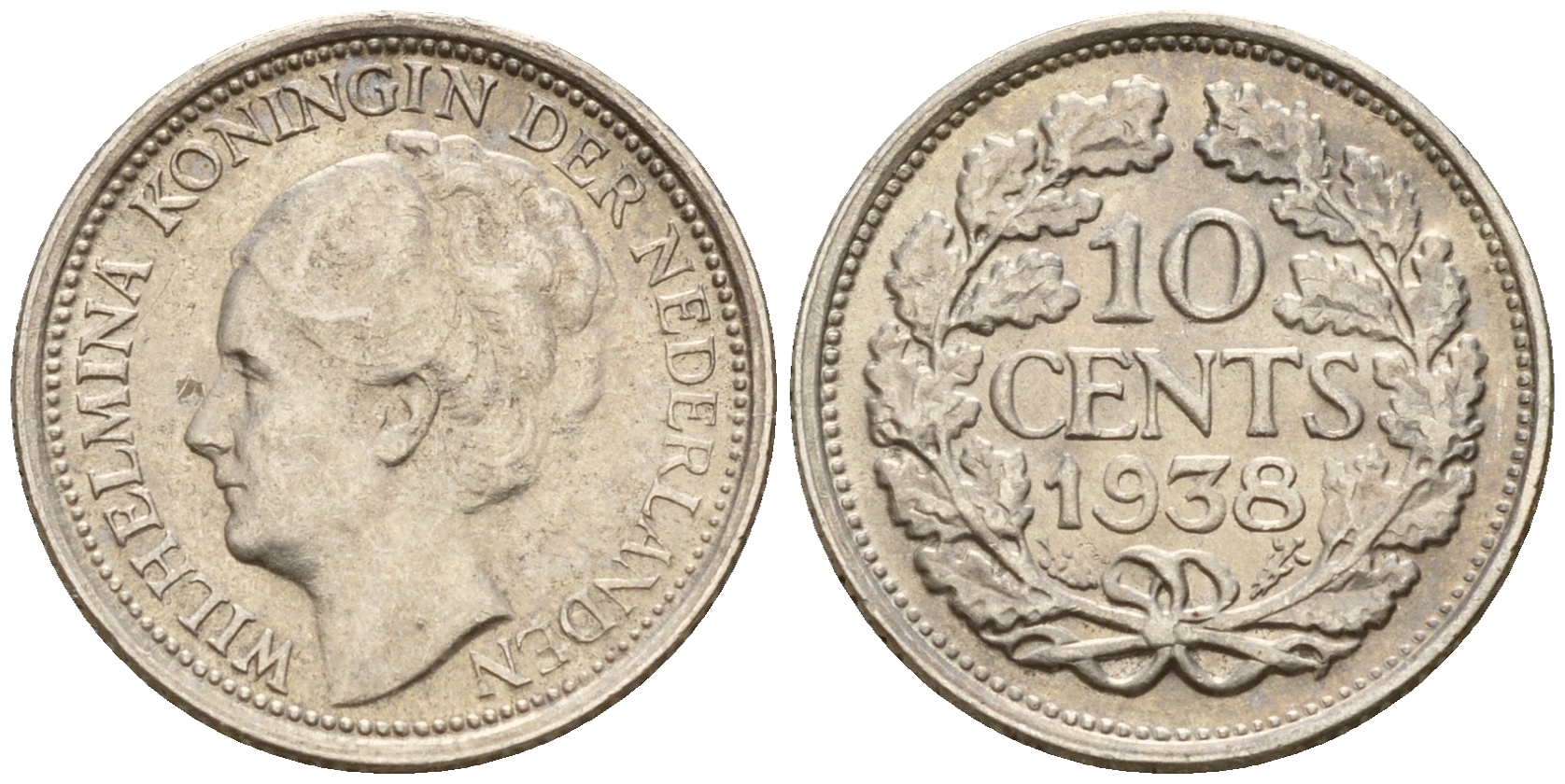 Нидерланды 10 центов 1938 Вильгельмина I (1890-1948) KM 163 серебро    4598-135