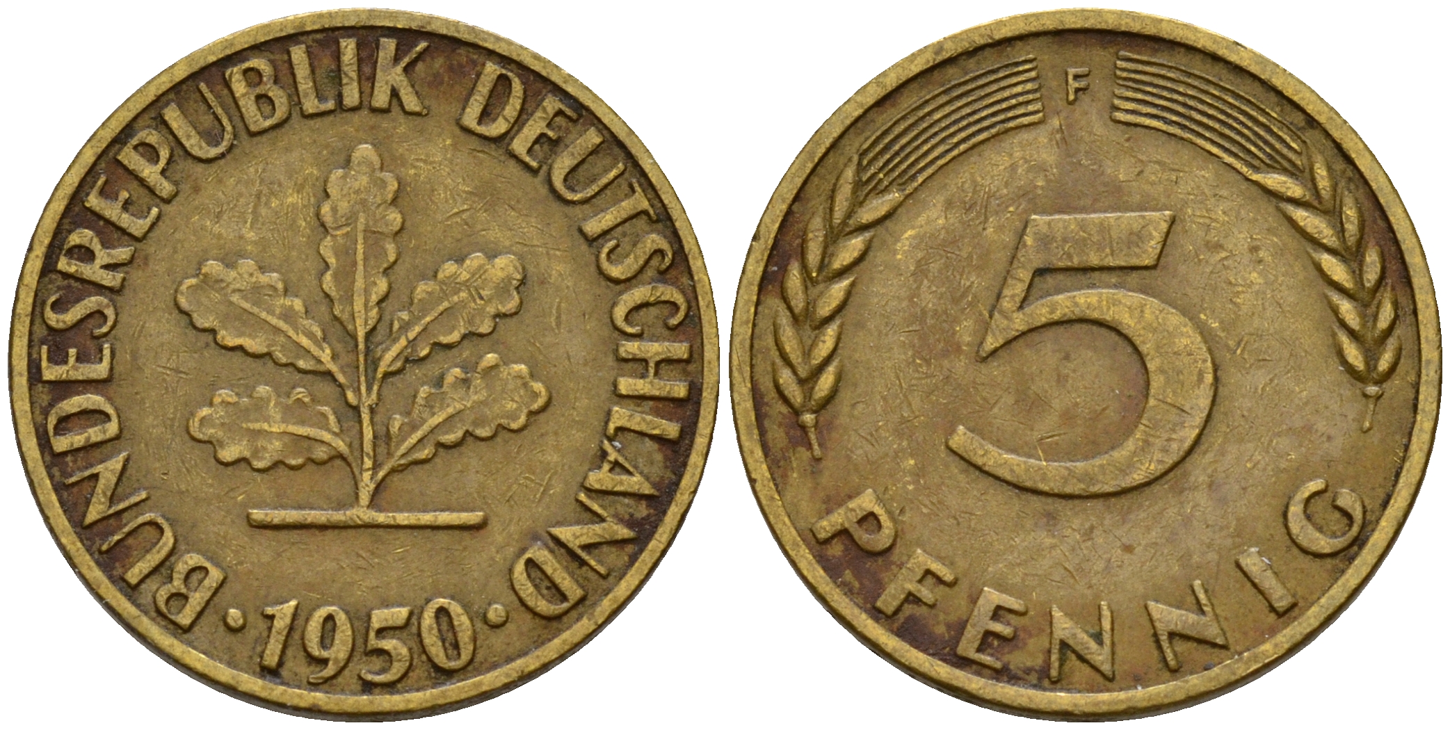 ФРГ 5 пфеннигов 1950 F J.382, KM 107 сталь плакированная латунью    4598-812