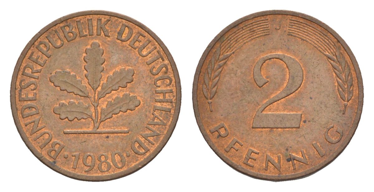 ФРГ 2 пфеннига 1980 J KM 106a, J.381a сталь плакированная медью 4630-1239