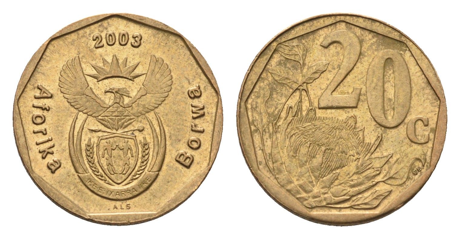 ЮАР 20 центов 2003 герб, цветок протея KM 327 сталь плакированная бронзой UNC 4690-952