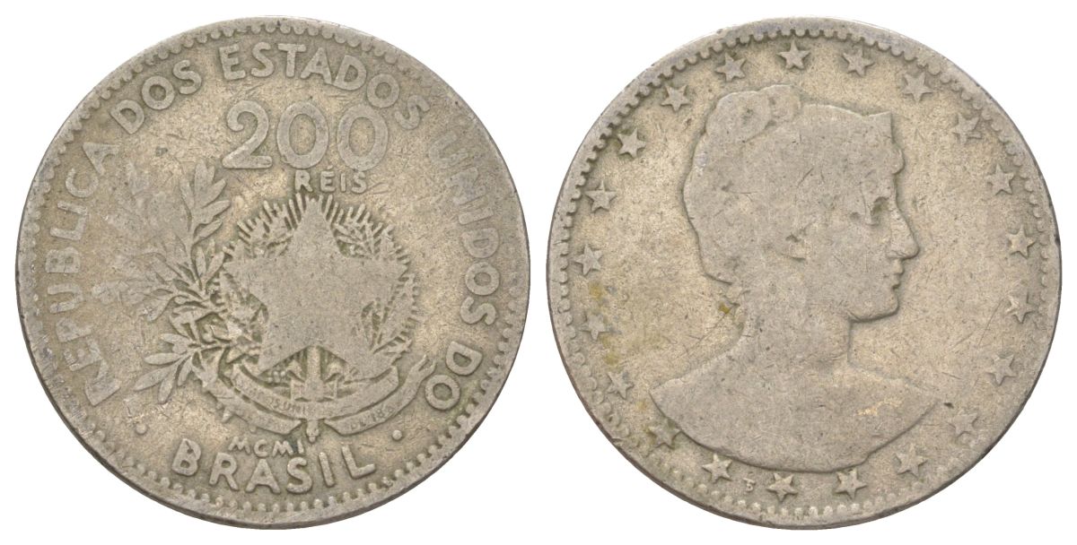 Бразилия 200 реалов 1901 голова свободы вправо KM 504 медно-никель 4628-1034