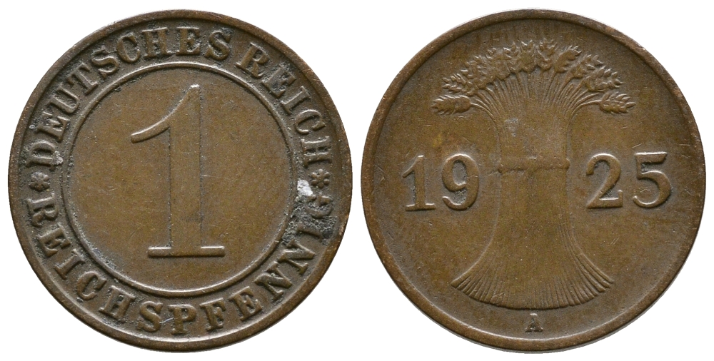 ГЕРМАНИЯ 1 РЕЙХСПФЕННИГ 1925 A KM 37, J. 313 бронза 4380-1117