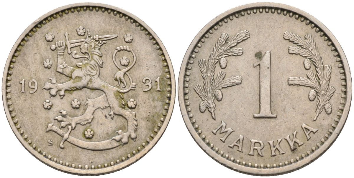 Финляндия 1 марка 1931 S KM 30 медно-никель 4595-114