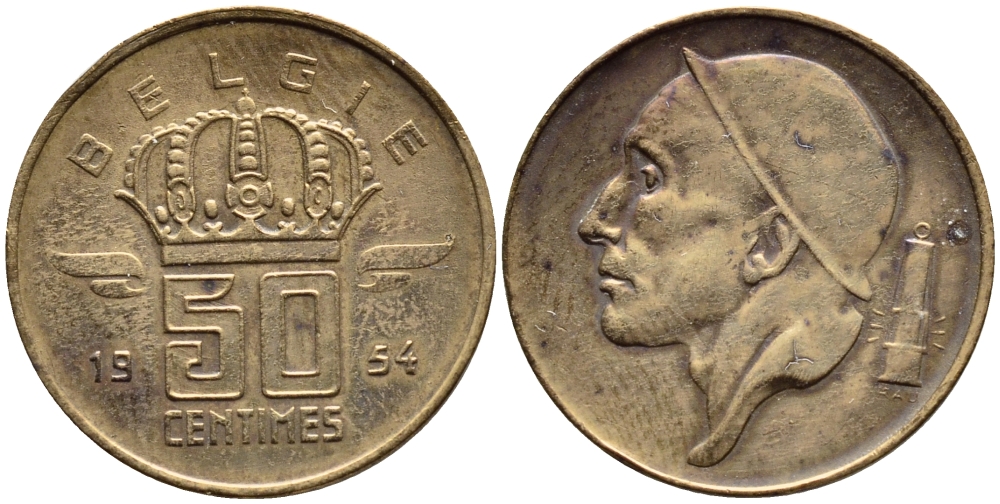 БЕЛЬГИЯ 50 САНТИМОВ 1954 BELGIE KM 145 бронза 4392-764