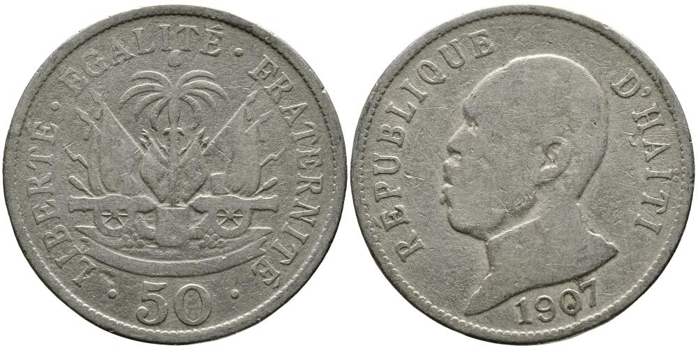 Гаити 50 сантимов 1907 Президент Пьер Нор Алексис KM 56 медно-никель 114-121