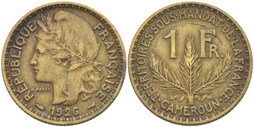 Французский Камерун 1 франк 1926 (а), монетный двор Париж KM 2 алюминиевая бронза 63-246