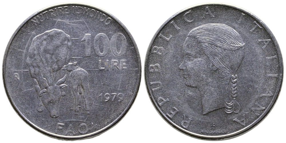 Италия 100 лир 1979 R, FAO, корова с теленком KM 106 нержавеющая сталь 85-256