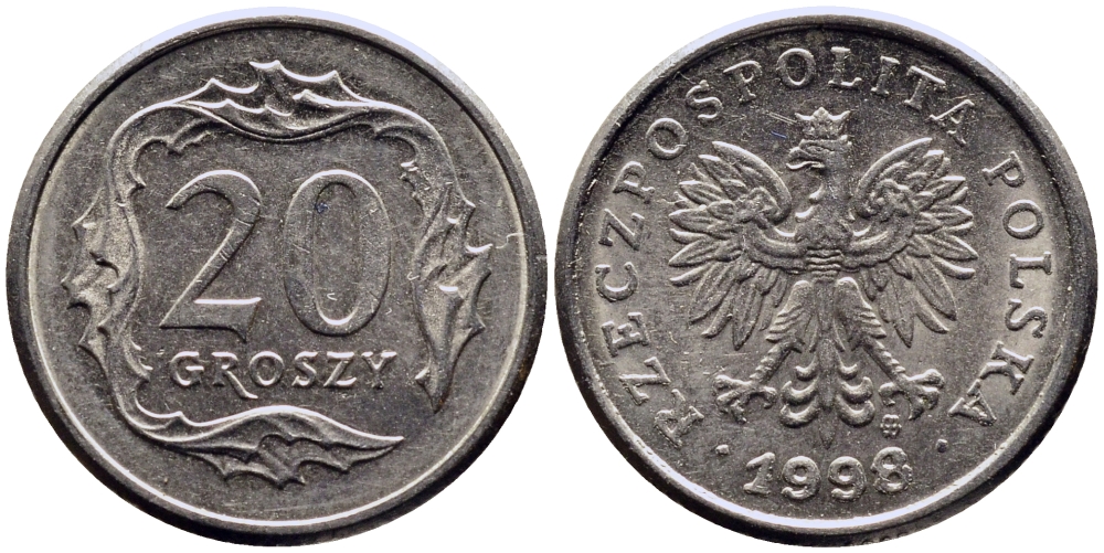 Польша 20 грошей 1998 MW KM 280, Parchimowicz 705f медно-никель 4381-961