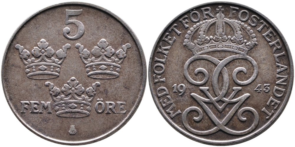 Швеция 5 эре 1943 Густав V (1907-1950) KM 812 железо 4389-126