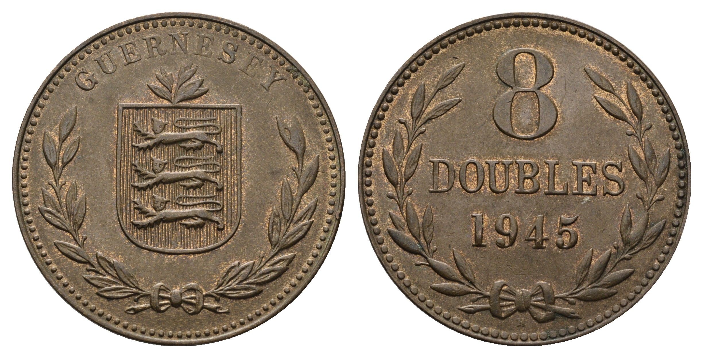 Гернси 8 даблов (дублей) 1945 KM 14 бронза 4593-922