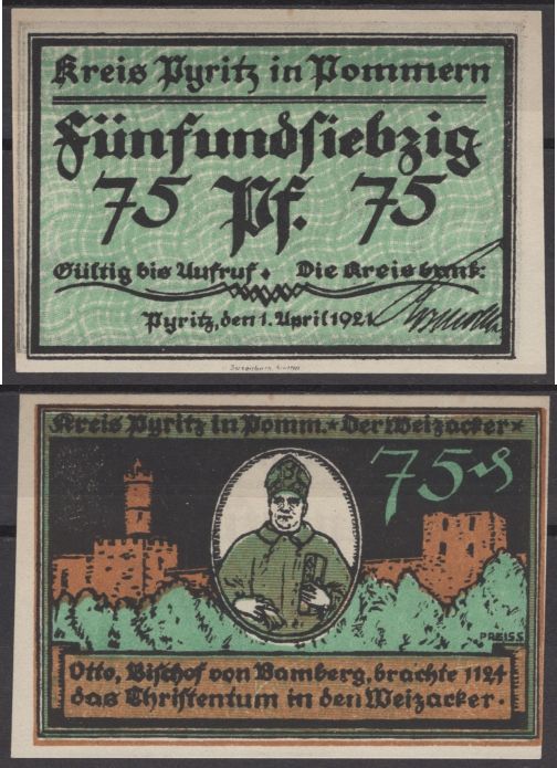 Пириц 75 пфеннигов 1921 бумага UNC (пресс) 8595-17-3-2