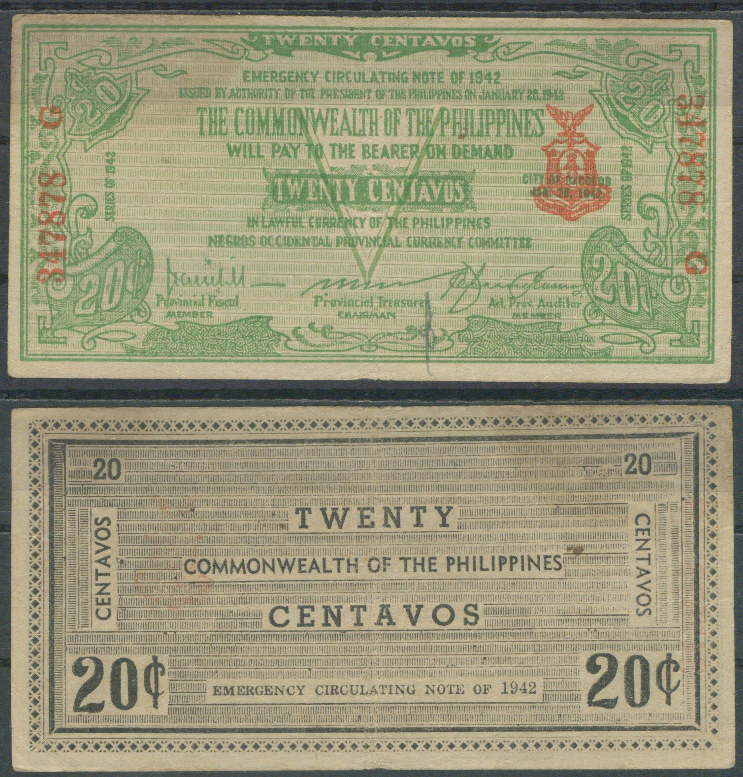 Филиппины, Западный Негрос 20 сентаво 1942 Pick S644 бумага 8622-20-2-2