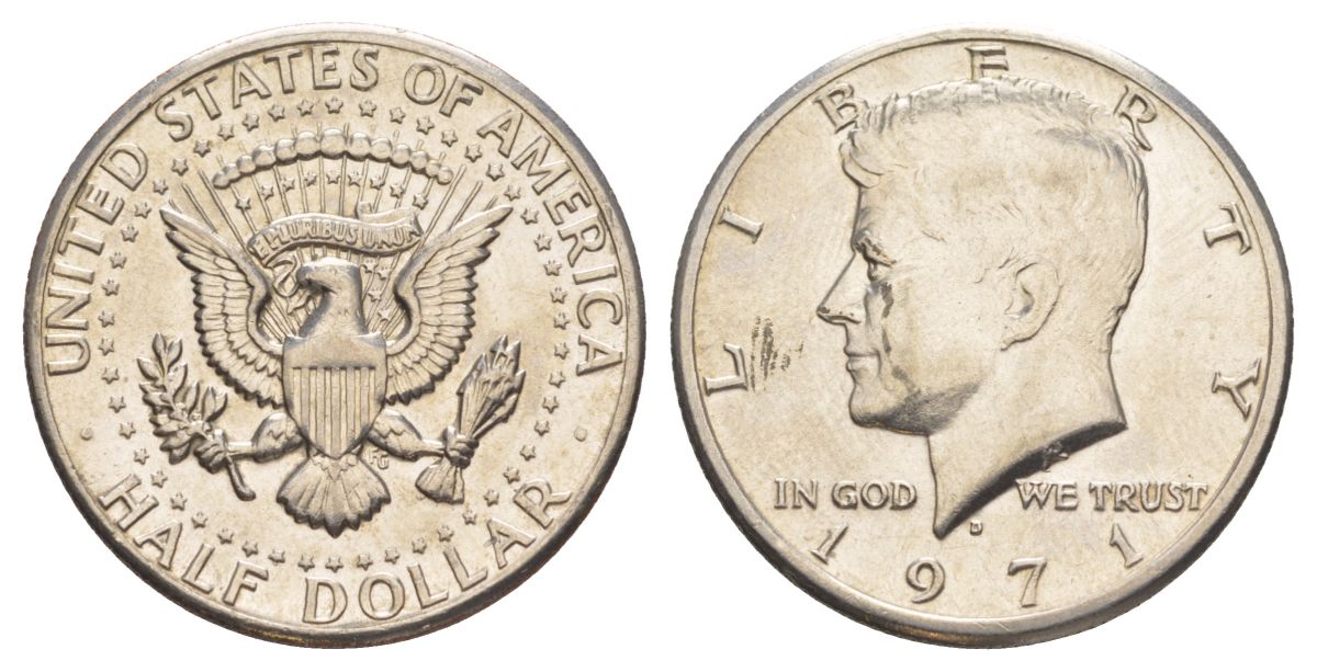 США 1/2 доллара (50 центов) 1971 D, Джон Кеннеди KM 202b медь плакированная медно-никелем aUNC 88-1116
