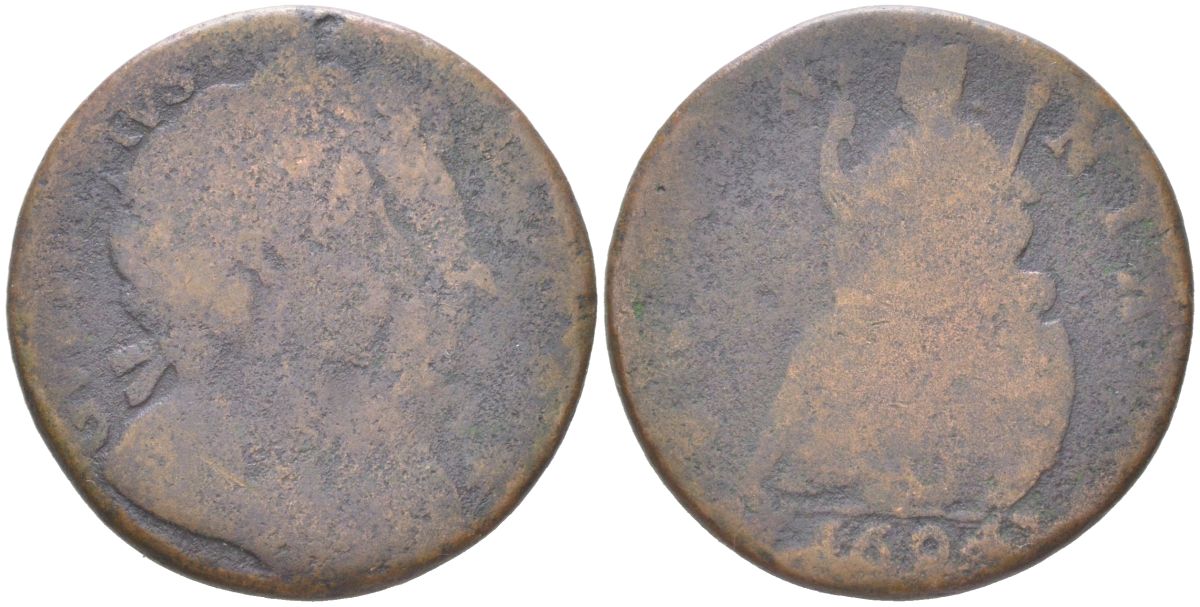 Англия 1 фартинг 1694 Вильгельм III и Мария II (1688-1694) KM 466.1a, Spink 3453 медь 4613-345