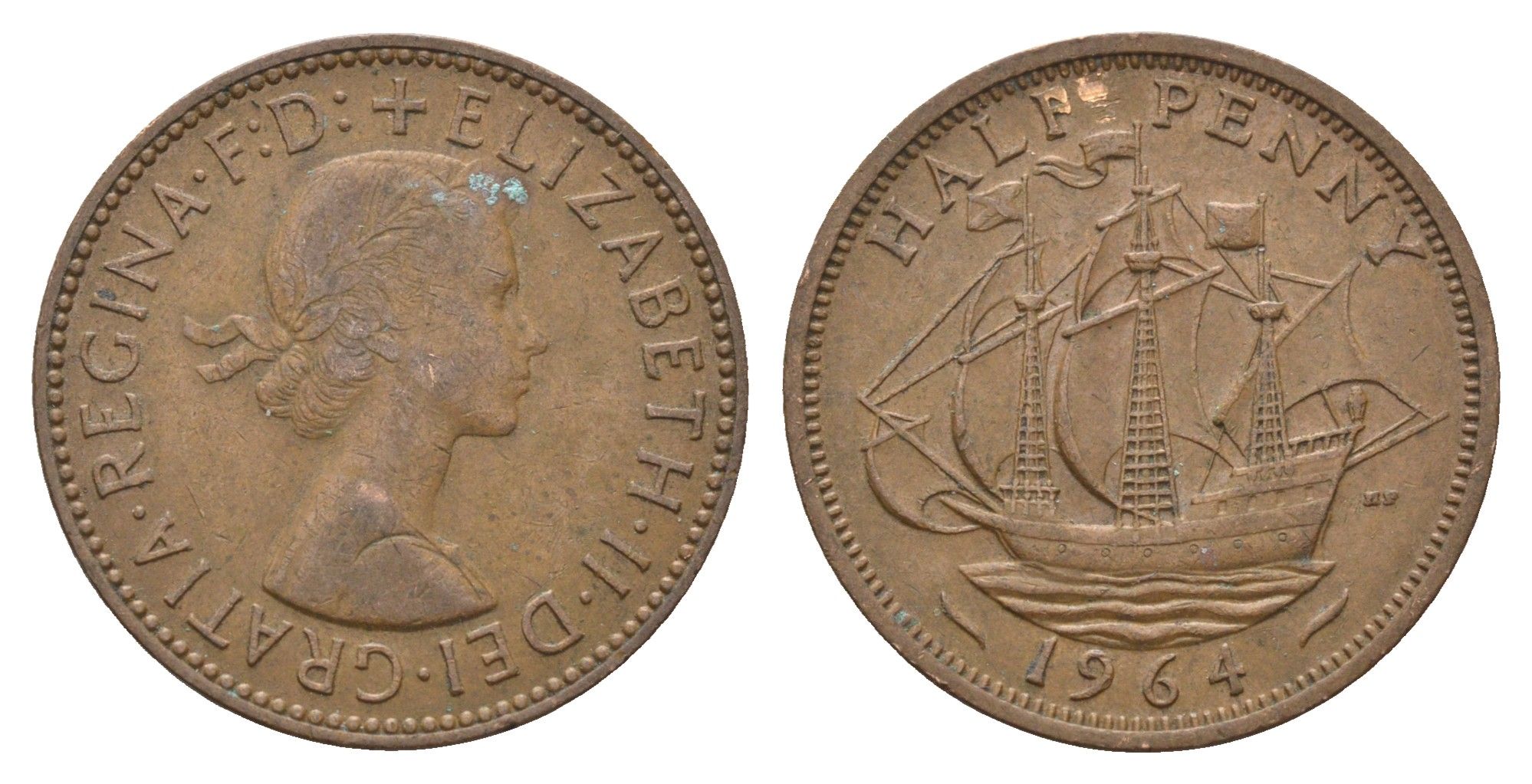 Великобритания 1/2 пенни 1964 Елизавета II (1952-2022) KM 896, Spink 4158 бронза 4662-1226