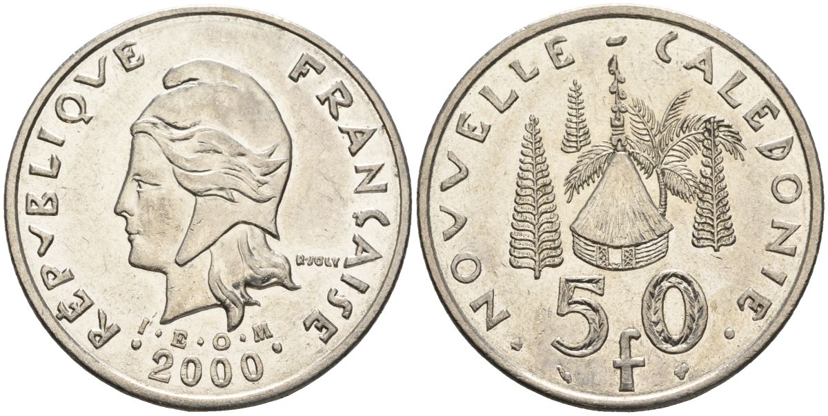 Французская Новая Каледония 50 франков 2000 хижина среди сосен и пальм, (IEOM) KM 13, Schoen 15, Lec 121 никель 4123-731
