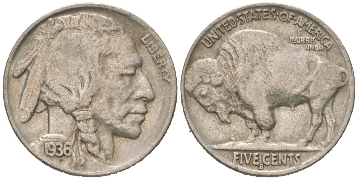 США 5 центов 1936 S, индеец, бизон KM 134 медно-никель 4614-1255