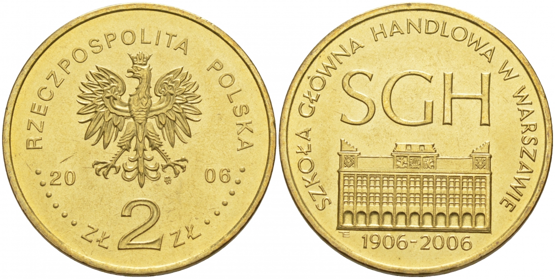 Польша 2 злотых 2006 MW, 100 лет Варшавской школы экономики KM 609 латунь UNC 69-1111