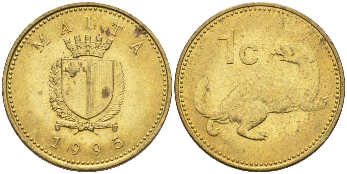 Мальта 1 цент 1995 ласка, горностай KM 93 никель латунь 4585-1241