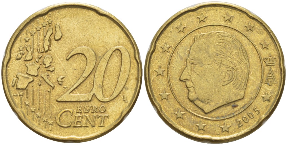 БЕЛЬГИЯ 20 ЕВРОЦЕНТОВ 2005 АЛЬБЕРТ II KM 228 латунь 4543-426