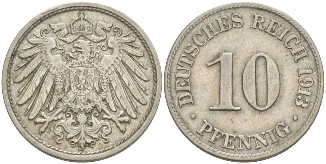 Германия 10 пфеннигов 1913 D KM 12, Jager 13, Weege 8 медно-никель 219-232