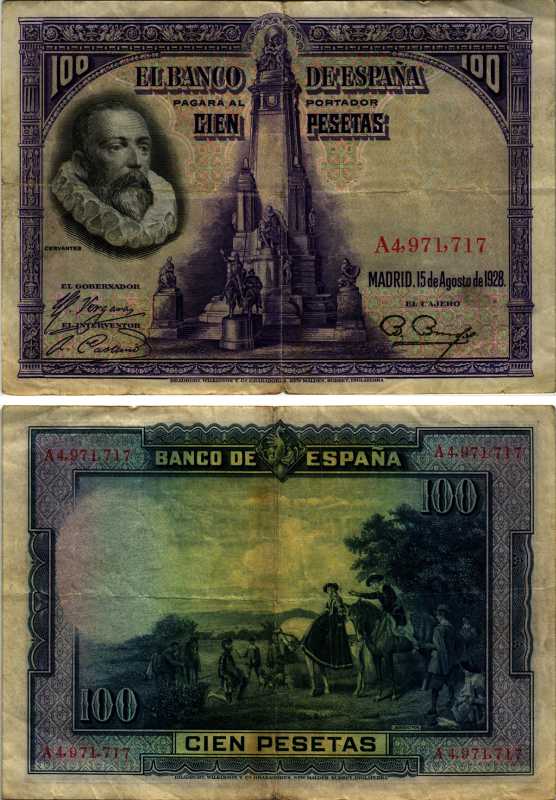 Испания 100 песет 1928 Мигель де Сервантес Сааведра, памятник Сервантесу, картина Дон Кихот Pick 76 а бумага 7487-3-1