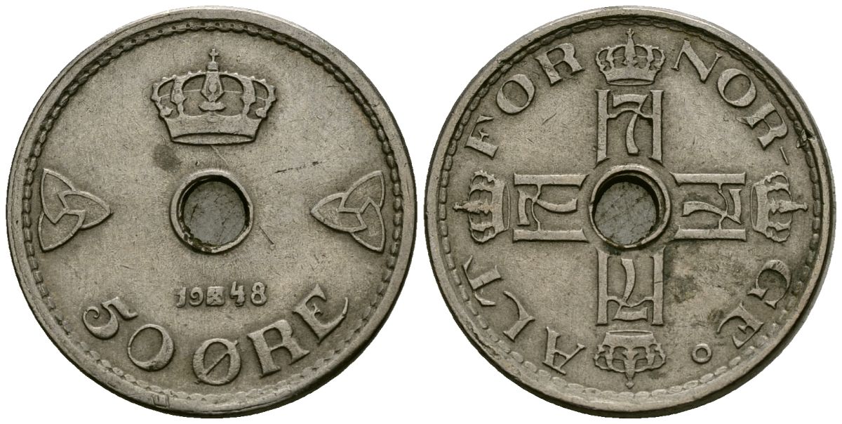 Норвегия 50 эре 1948 Хокон VII (1905-1957) KM 386 медно-никель 4584-217
