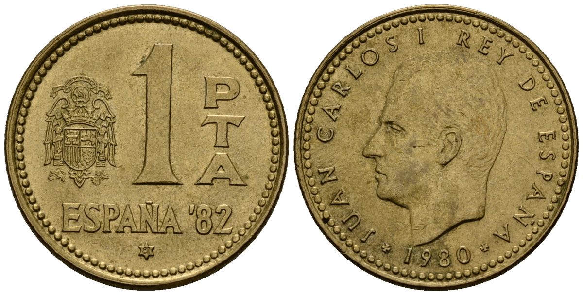 Испания 1 песета 1980 Чемпионат мира по футболу в Испании 1982 года, Хуан Карлос I (1975-2014) KM 816 алюминиевая бронза 4176-411